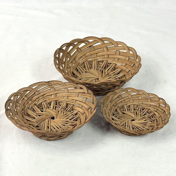 Vintage Set of 3 Woven Nesting Baskets Farmhouse Cottagecore Keys Trinkets - Picture 2 of 6